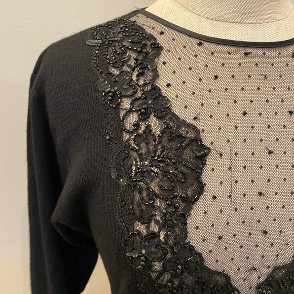 Kenar Black Lambs Wool Deep V Neck Sweater with Beading, & Lace / Womens Size M - Picture 7 of 12